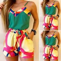 Sexy Backless V-neck Colorful Printed Sling Top + Shorts Two-piece Set