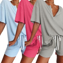 Fashion Solid Color Short Sleeve V-neck Top + Shorts Two-piece Set