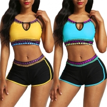 Sexy Backless Contrast Color Sling Swimsuit Set