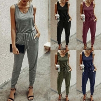 Fashion Solid Color Sleeveless Round Neck High Waist Jumpsuit