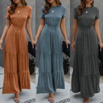 Elegant Solid Color Short Sleeve Round Neck High Waist Dress