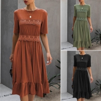 Fashion Solid Color Short Sleeve Round Neck Lace Spliced Dress