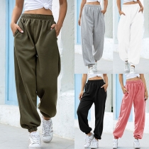 Fashion Solid Color Elastic Waist Loose Sports Pants