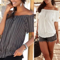 Sexy Off-shoulder Boat Neck Short Sleeve Striped Top