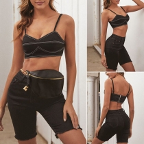 Sexy Backless V-neck Sling Denim Crop Top