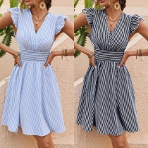 Sexy Off-shoulder Boat Neck Short Sleeve Striped Dress