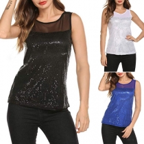 Sexy Sequin Gauze Spliced Sleeveless Round Neck Top