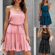 Sexy Backless Ruffle Hem Solid Color Sling Dress