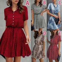 OL Style Long Sleeve Stand Collar Printed Shirt Dress