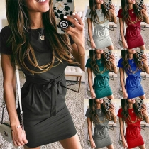 OL Style Short Sleeve Round Neck Solid Color Slim Fit Dress