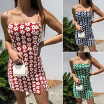Sexy Backless Slit Hem Daisy Printed Sling Dress