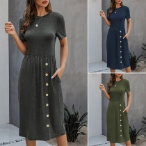 Fashion Solid Color Short Sleeve Round Neck Front-button Knit Dress