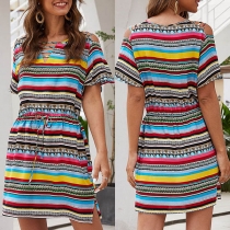 Fashion Short Sleeve V-neck Colorful Striped Dress