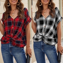 Fashion Short Sleeve V-neck Twisted Hem Plaid Top