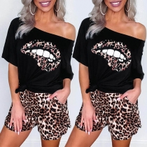 Sexy Short Sleeve Leopard Printed T-shirt + Shorts Two-piece Set