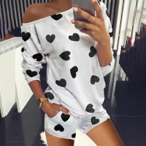 Fashion Oblique Shoulder Heart Printed T-shirt + Shorts Two-piece Set