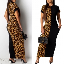 Fashion Leopard Spliced Short Sleeve Round Neck Dress