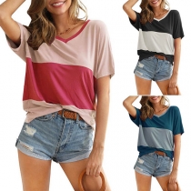 Fashion Contrast Color Short Sleeve V-neck Loose T-shirt
