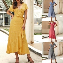 Sexy V-neck Short Sleeve Irregular Ruffle Hem Printed Dress