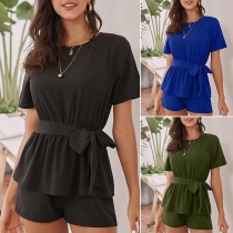 Fashion Solid Color Short Sleeve Round Neck High Waist Romper