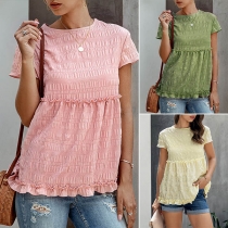 Fashion Solid Color Short Sleeve Round Neck Pleated Hem Top