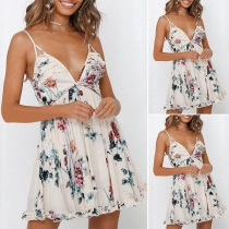 Sexy Backless V-neck Ruffle Printed Sling Dress