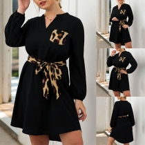 Fashion Leopard Spliced Lantern Sleeve V-neck Dress
