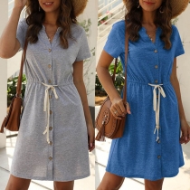 Fashion Solid Color Short Sleeve V-neck Drawstring Waist Dress