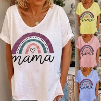 Fashion Rainbow Printed Short Sleeve V-neck T-shirt
