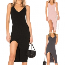 Sexy V-neck Slit Hem Solid Color Slim Fit Dress