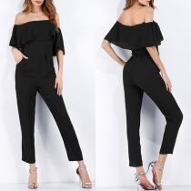 Sexy Ruffle Boat Neck High Waist Solid Color Jumpsuit
