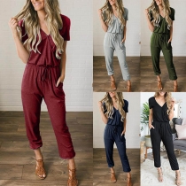 Fashion Solid Color Short Sleeve V-neck High Waist Jumpsuit