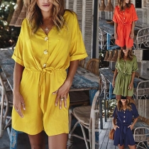 Fashion Solid Color Short Sleeve V-neck Romper