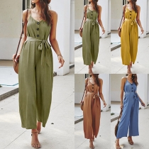 Sexy Backless V-neck High Waist Solid Color Sling Jumpsuit