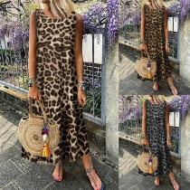 Fashion Sleeveless Round Neck Leopard Printed Dress