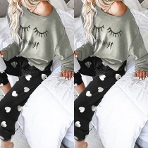Cute Cartoon Heart Printed Long Sleeve Top + Pants Two-piece Set