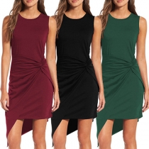 Elegant Solid Color Sleeveless Round Neck Irregular Hem Dress