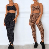 Sexy Leopard Printed Sling Crop Top + Leggings Two-piece Set