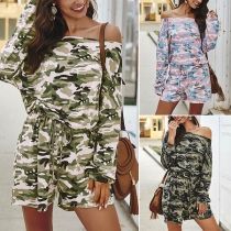 Fashion Camouflage Printed Long Sleeve Round Neck Romper