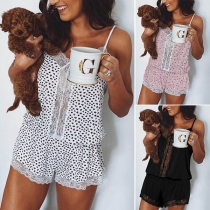 Sexy Lace Spliced V-neck Sling Printed Top + Shorts Nightwear Set