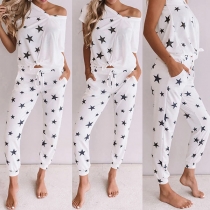 Fashion Star Printed Short Sleeve V-neck Top + Pants Two-piece Set