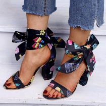 Fashion Thick High-heel Open Toe Colorful Printed Lace-up Sandals