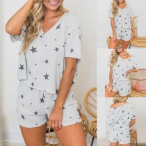 Fashion Star Printed Short Sleeve V-neck Top + Shorts Two-piece Set