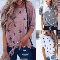 Fashion Star Printed Short Sleeve Knotted Hem T-shirt