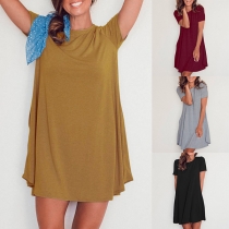 Casual Style Short Sleeve Round Neck Solid Color Loose Dress