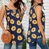 Fashion Sleeveless Round Neck Sunflower Printed Top