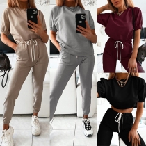 Fashion Puff Sleeve Round Neck Top + Pants Two-piece Set