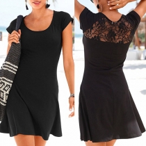 Sexy Lace Spliced Short Sleeve Round Neck Solid Color Dress