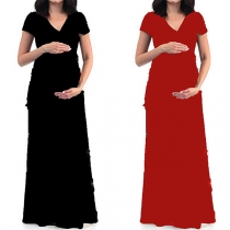 Elegant Solid Color Short Sleeve V-neck Maternity Dress
