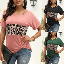 Fashion Leopard Spliced Short Sleeve V-neck Twisted Hem T-shirt